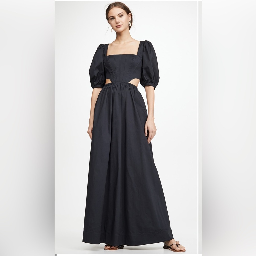 STAUD Astro Dress Black Maxi with Puff Sleeves Size S